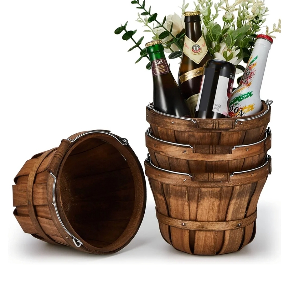 4Pcs 6*8'' Round Wooden Baskets Gifts Empty Wood Baskets Fruit Buckets with Hand
